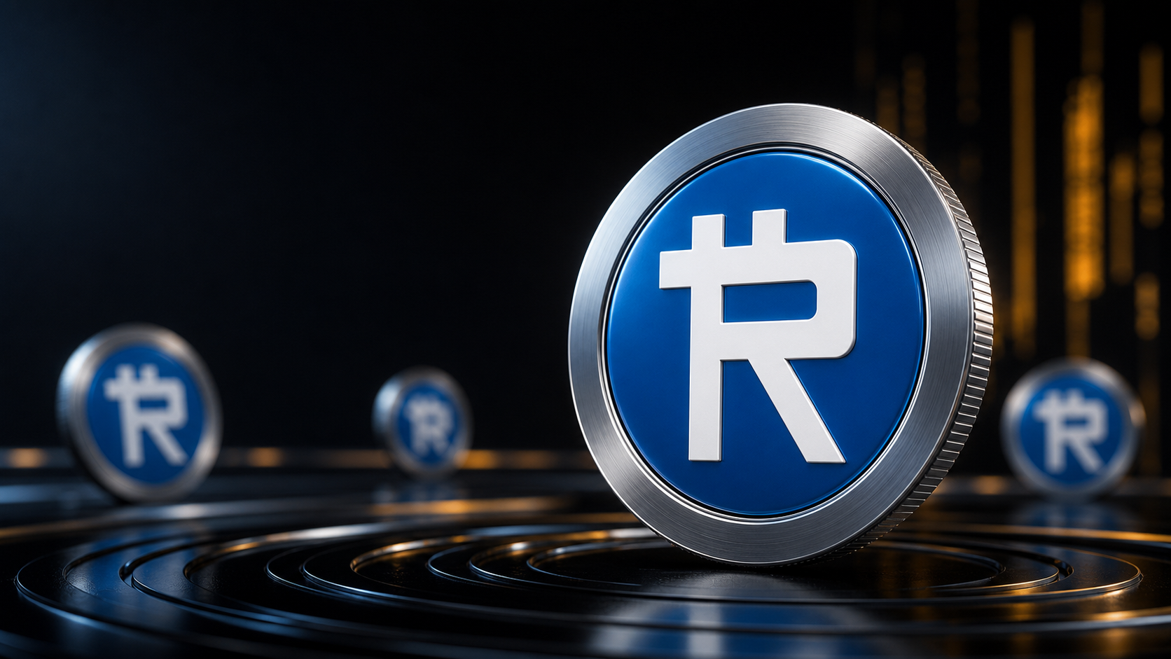 A circular Raqcoin token with a blue face and white R mark